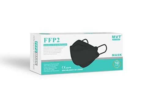 MVT 20 Mascarillas FFP2 Negras Doble Homologadas (Tipo Pez) CE 0370 EN149:2001+A1:2009 Alta Eficacia de Filtración