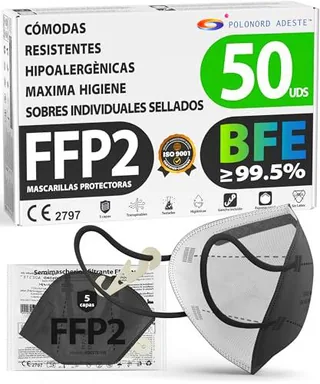 ADESTE - 50 Mascarillas FFP2 NR D Negras con Certificado CE