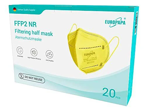 EUROPAPA® 20x FFP2 Mascarillas Amarillas Mascarilla Respiratoria Mascarillas Antipolvo de 5 Capas Higiénicas Envasadas Individualmente EN149:2001+A1:2009 EU2016/425
