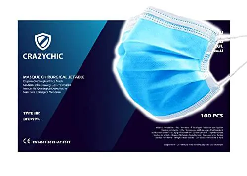 CRAZYCHIC - 100 Mascarilla Quirúrgica Desechable Azul Homologada CE EN14683 Tipo IIR