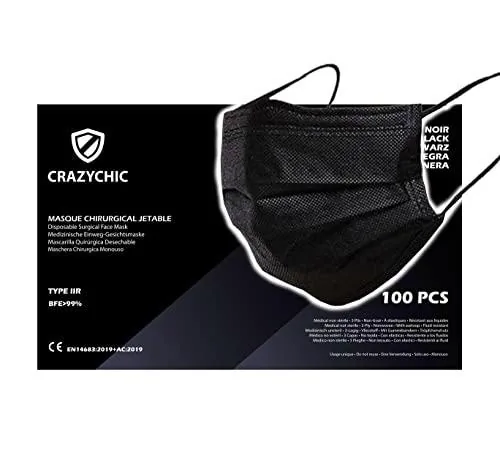 CRAZYCHIC - 102 Mascarilla Quirúrgica Desechable Negro Homologada CE EN14683 Tipo IIR