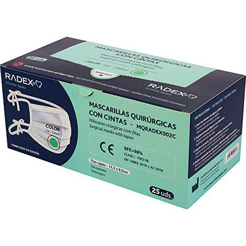 RADEX 85005120. Caja de 25 Mascarillas Quirúrgicas con Cintas Tipo IIR