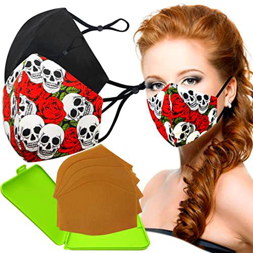 Mascarillas de Tela Colores Reutilizable Lavable, Pack de 2 Mascarillas Cussi Color Rosa Calavera y Negro 100% Algodón Higiénica Homologada Certificada BFE 99% Filtros Extra 1x Estuche para Mascarilla