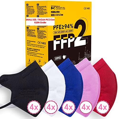 20 Mascarillas FFP2/KN95 Colores Talla Pequeña Small Homologadas Certificación CE sin Válvula de 4 Capas