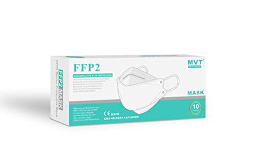MVT 10 Mascarillas FFP2 Doble Homologadas (Tipo Pez) CE 0370 EN149:2001+A1:2009 Alta Eficacia de Filtración (10 Mascarillas, Blanco)