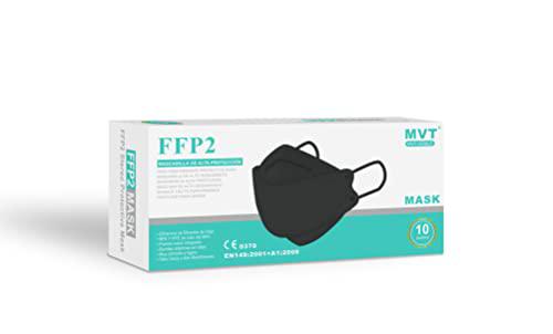 MVT 10 Mascarillas FFP2 Doble Homologadas (Tipo Pez) CE 0370 EN149:2001+A1:2009 Alta Eficacia de Filtración (10 Mascarillas, Negro)