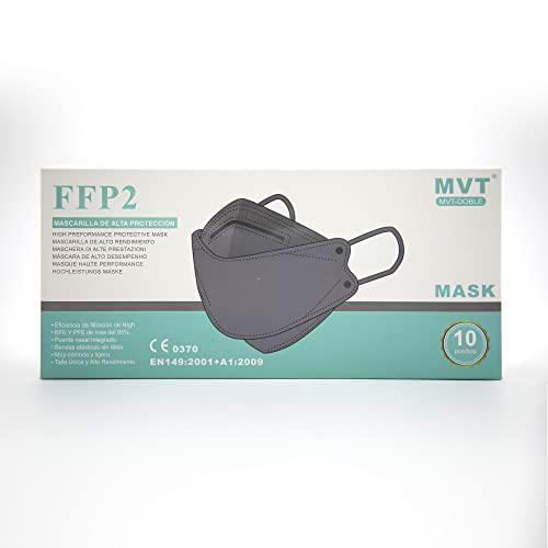MVT 10 Mascarillas FFP2 Doble Homologadas (Tipo Pez) CE 0370 EN149:2001+A1:2009 Alta Eficacia de Filtración (10 Mascarillas, Gris)