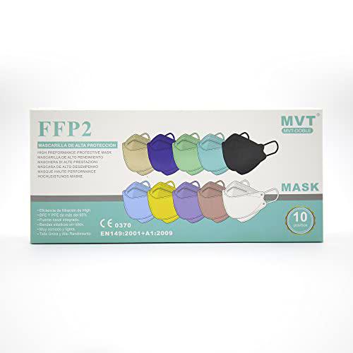 MVT 10 Mascarillas FFP2 Doble Homologadas (Tipo Pez) CE 0370 EN149:2001+A1:2009 Alta Eficacia de Filtración (10 Mascarillas