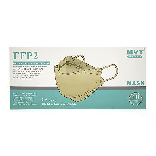 MVT 10 Mascarillas FFP2 Doble Homologadas (Tipo Pez) CE 0370 EN149:2001+A1:2009 Alta Eficacia de Filtración (10 Mascarillas, Beige)