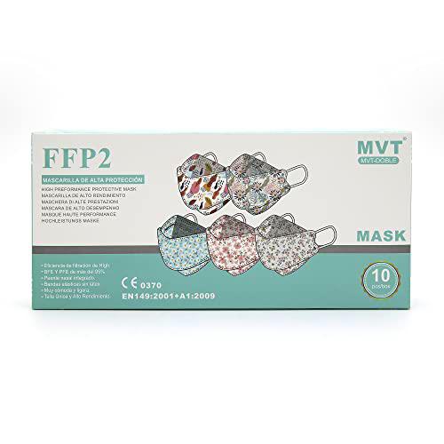 MVT 10 Mascarillas FFP2 Doble Homologadas (Tipo Pez) CE 0370 EN149:2001+A1:2009 Alta Eficacia de Filtración (10 Mascarillas, Estampado)