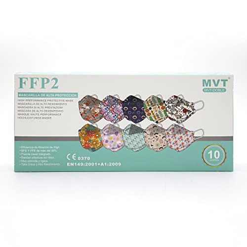 MVT 10 Mascarillas FFP2 Doble Homologadas (Tipo Pez) CE 0370 EN149:2001+A1:2009 Alta Eficacia de Filtración (10 Mascarillas