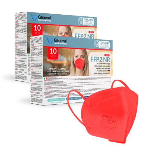 20 Mascarillas FFP2 Coloreadas ESLH con certificación CE | SFP ≥94 % | Mascarilla FFP2 coloreada certificada CE para adulto | Sellado individualmente con 10 ganchos protectores de orejas (Rojo)