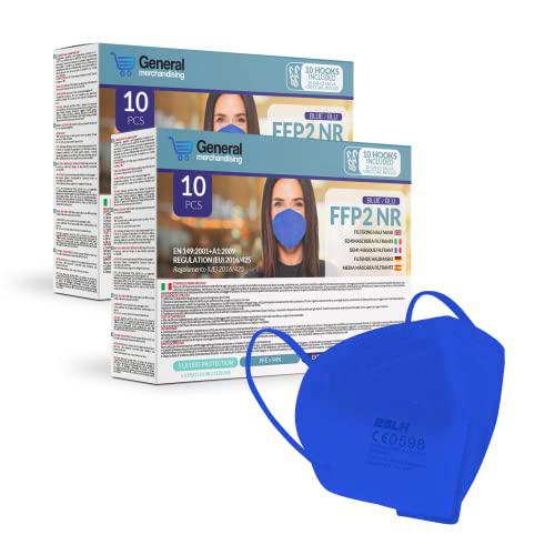 20 Mascarillas FFP2 Coloreadas ESLH con certificación CE | SFP ≥94 % | Mascarilla FFP2 coloreada certificada CE para adulto | Sellado individualmente con 10 ganchos protectores de orejas (Azul)