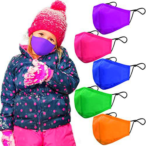 ANSTA Mascarilla para niños, 5 piezas Mascarilla para niños reutilizable Color de tela Lavable Transpirable Mascarilla de algodón para boca y nariz Multifuncional,ES