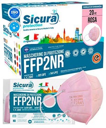 20 Mascarillas FFP2 certificadas CE Rosa Logotipo en relieve SICURA BFE ≥99% Made in Italy SANITIZADAS y selladas individualmente