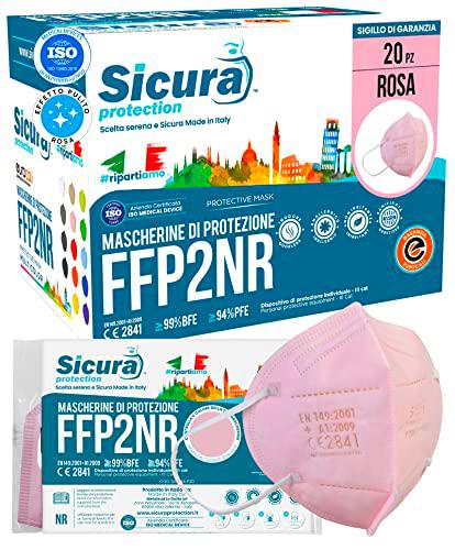 20 Mascarillas FFP2 certificadas CE Rosa Logotipo en relieve SICURA BFE ≥99% Made in Italy SANITIZADAS y selladas individualmente