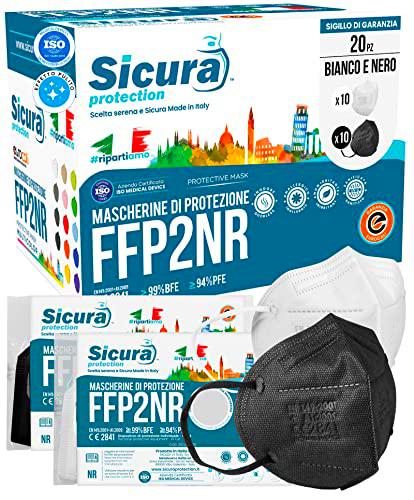 20 mascarillas FFP2 certificadas CE Blanco y Negro Made in Italy Logotipo SICURA en relieve BFE ≥99% SANITIZADO SELLADO Mascarilla italiana FFP2 contiene 10 negros + 10 blancos
