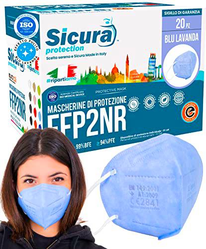 Eurocali 20 Mascarillas FFP2 Homologadas Azul Lavanda fabricadas en Italia Mascarilla ffp2 certificada CE BFE ≥99% Mascaras colores 20 unidades