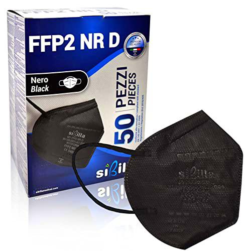 SIBILLA 50 Pièzas Mascarillas FFP2 NR D Negras de 5 capas MADE IN ITALY con Certificación CE0465 Mascarilla FFP2 de alta protección respiratoria Colores variados Adecuada para el verano