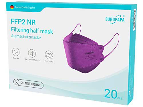 EUROPAPA® 20x FFP2 Mascarillas faciales con forma de pez morado Mascarilla respiratoria Mascarillas antipolvo de 5 capas Mascarilla higiénica envasada individualmente EN149 EU2016/425