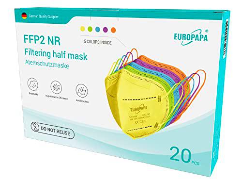 EUROPAPA 20x FFP2 mascarillas coloridas mascarilla respiratoria Mascarillas antipolvo de 5 capas empaquetadas higiénicamente individualmente EN149:2001+A1:2009 mascarilla EU2016/425