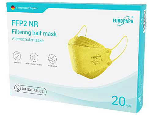 EUROPAPA® 20x FFP2 Mascarillas faciales con Forma de pez Amarillo Mascarilla respiratoria Mascarillas Antipolvo de 5 Capas Mascarilla Facial higiénica envasada Individualmente con EN149 EU2016/425