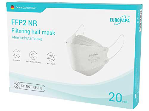 EUROPAPA® 20x FFP2 mascarillas faciales blancas en forma de pez mascarilla respiratoria Mascarillas antipolvo de 5 capas envasadas higiénicamente individualmente EN149 EU2016/425