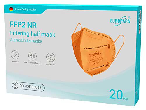 EUROPAPA® 20x FFP2 Mascarillas Naranja Mascarilla Respiratoria Mascarillas Antipolvo 5 Capas Higiénicas Envasadas Individualmente EN149:2001+A1:2009 Mascarilla EU2016/425