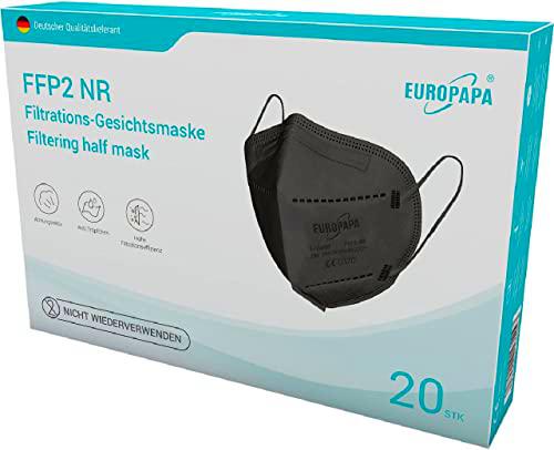 EUROPAPA® 40x FFP2 mascarilla negra Mascarilla de 5 capas mascarillas respiratorias certificadas corporales embalaje individual higiénico UE 2016/425