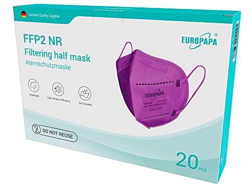 EUROPAPA Mascarillas 40x FFP2 mascarilla respiratoria Mascarillas antipolvo de 5 capas envasadas higiénicamente individualmente EN149:2001+A1:2009 mascarilla bucal EU2016/425 (púrpura)