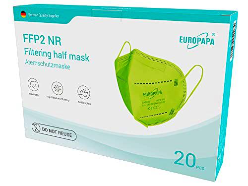 EUROPAPA® 20x FFP2 Mascarillas Verdes Mascarilla Respiratoria Mascarillas Antipolvo de 5 Capas Higiénicas Envasadas Individualmente EN149:2001+A1:2009 EU2016/425