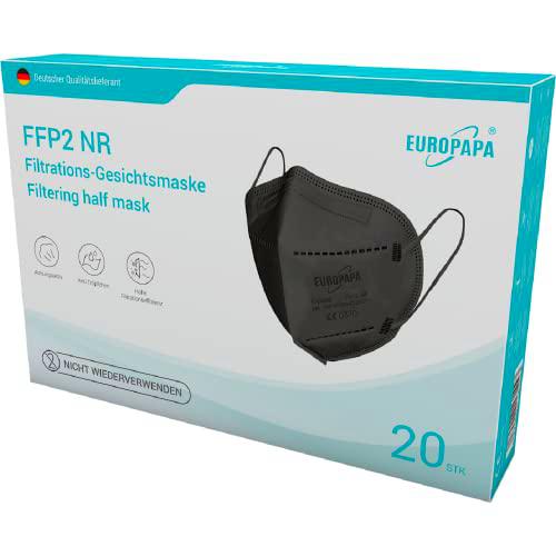 EUROPAPA Mascarillas 20x FFP2 mascarilla respiratoria negra Forma 3D Mascarillas antipolvo de 5 capas empaquetadas higiénicamente individualmente Mascarilla EN149:2001+A1:2009 EU2016/425