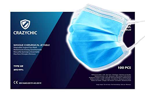 CRAZYCHIC - 100 Mascarilla Quirúrgica Desechable Azul Homologada CE EN14683 Tipo IIR