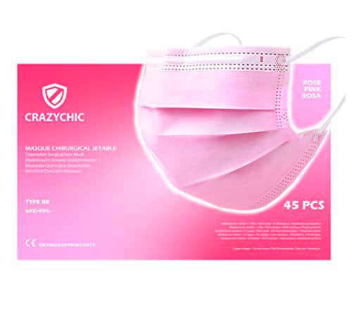 CRAZYCHIC - 45 Mascarilla Quirúrgica Desechable Rosa Homologada CE EN14683 Tipo IIR