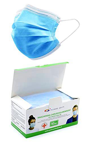 50 mascarillas quirúrgicas desechables de 3 capas tipo IIR resistentes a las salpicaduras y conformes a la norma UNI EN 14683:2019+AC:2019 | BFE >98%