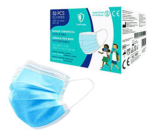 50 Mascarillas niños desechables OneProtek - Homologadas CE BFE ≥98% Tipo 2R IIR EN14683