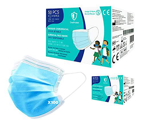 OneProtek Juego de 2x 50 Mascarillas niños desechables Homologadas CE BFE ≥98% Tipo 2R IIR EN14683