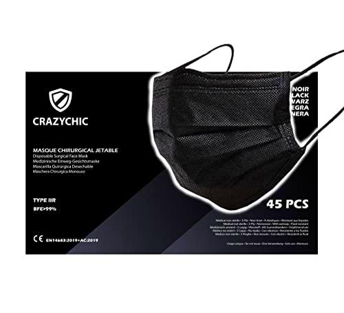 CRAZYCHIC - 45 Mascarilla Quirúrgica Desechable Negro Homologada CE EN14683 Tipo IIR