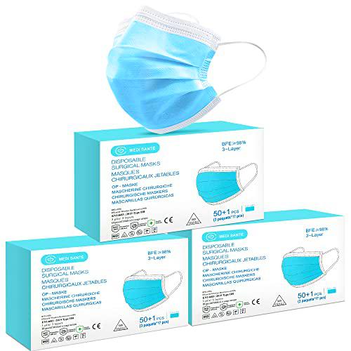 MEDI SANTÉ Mascarillas quirúrgicas médicas, Mascarillas protectoras Mascarillas desechables Tipo 1 EN14683 BFE?95% 3 capas para Unisex Adulto Azul (3x50 piezas)