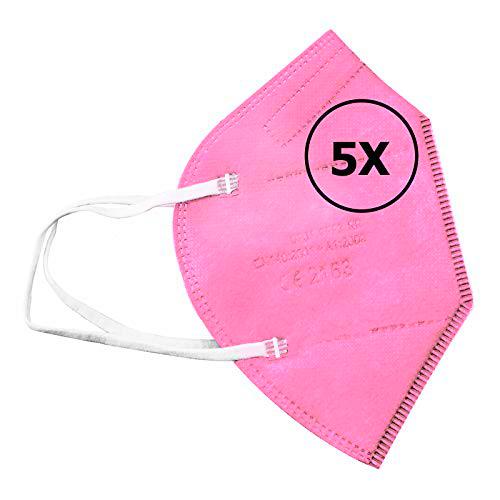 TBOC Mascarillas FFP2 - [Pack 5 Unidades] Máscaras Desechables [Color Rosa] 5 Capas [No Reutilizables] Transpirables Plegables con Pinza Nasal