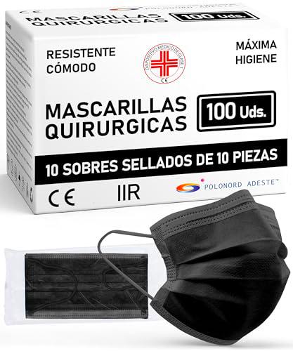 ADESTE - 100 Mascarillas Quirúrgicas desechables Negras Tipo IIR